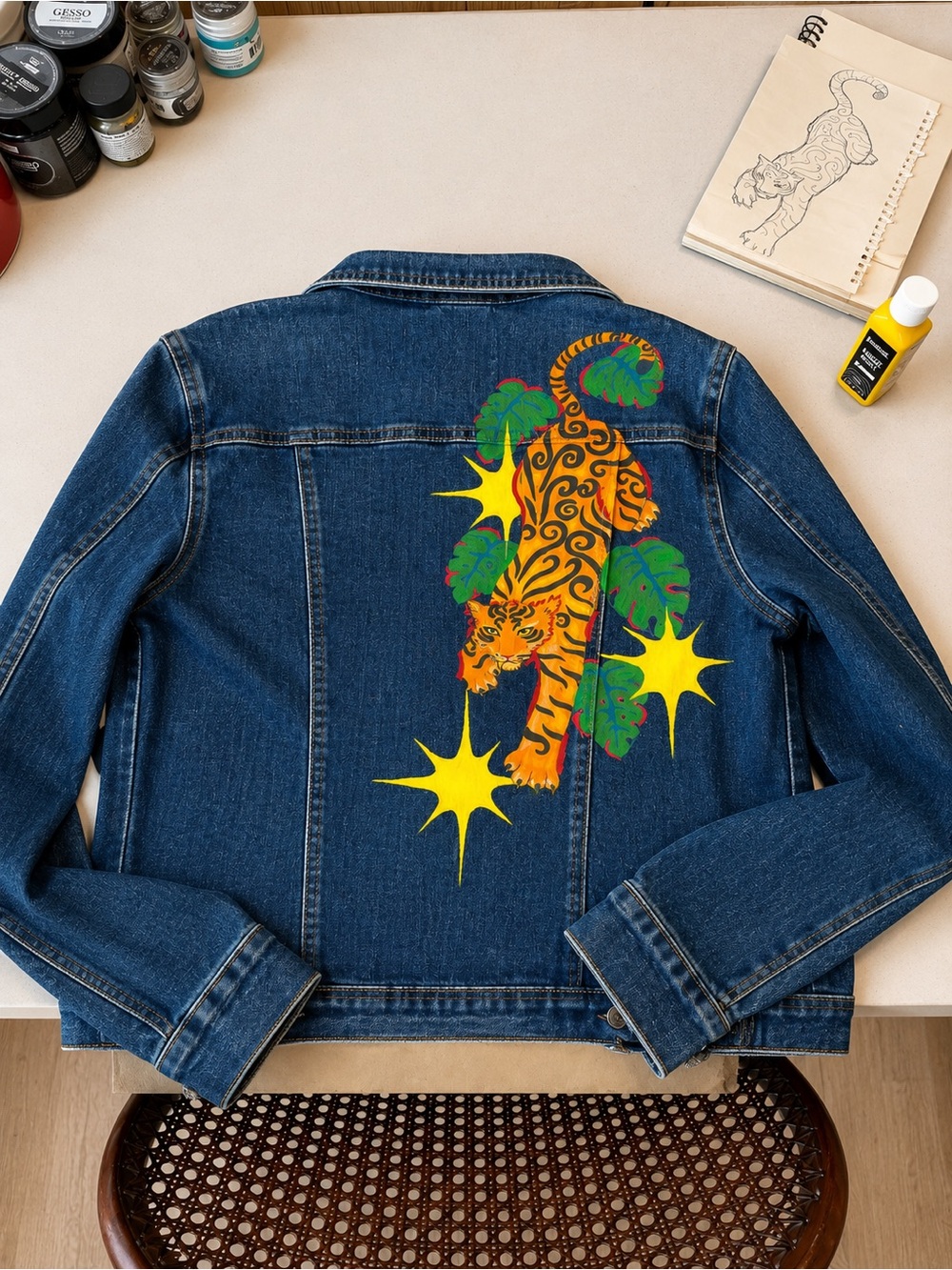 WEARABLE ART!!! Denim Jacket with Hand-Painted Tiger Motif